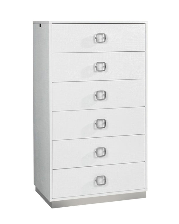 VIG Furniture Victoria High-Gloss White Crocodile 6-Drawer Chest — Luxe Laser-Etched Texture, Stainless Base & Handles VGUNAW552-80