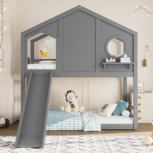 English Elm Full Bunk Bed with Trundle Bookshelf Storage Pine Frame Car Design for Kids Gray W1580S00465