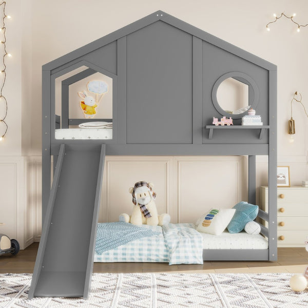 English Elm Full Bunk Bed with Trundle Bookshelf Storage Pine Frame Car Design for Kids Gray W1580S00465