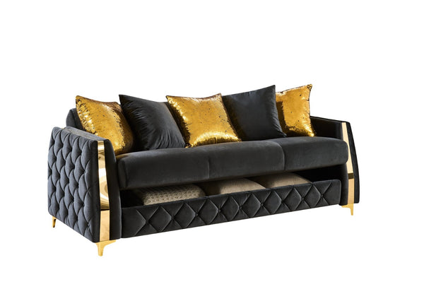 English Elm Lippa Quilted Polyester Sleeper Sofa with Gold Legs Storage and Contemporary Style Black B009S02234