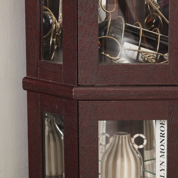 English Elm Lighted Corner Curio Cabinet - Elegant Glass Display With Adjustable Shelves & Ambient Lighting - Dark Cherry W1758P300130