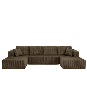English Elm U-shaped Modular Corduroy Sectional Sofa Sleeper Spacious Living Room Lounge Couch Brown W487S00424