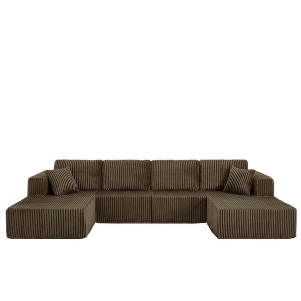 English Elm U-shaped Modular Corduroy Sectional Sofa Sleeper Spacious Living Room Lounge Couch Brown W487S00424