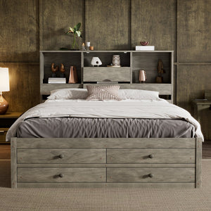 English Elm Queen Platform Bed with Built-In Headboard Storage and 8 Drawers, Solid Wood MDF, Sturdy Design Gray GX000453AAE