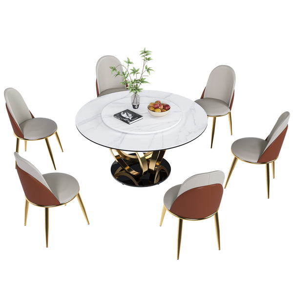 English Elm 53" Round Dining Table With 360° Lazy Susan - Stain-Resistant Sintered Stone For Modern Homes W2699S00034