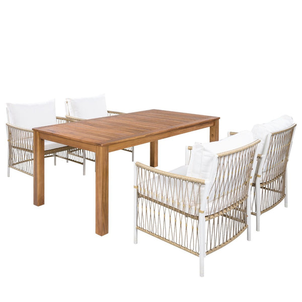 English Elm Topmax Outdoor Acacia Wood Dining Set with Wicker Arm Chairs for Patio Garden SP100032AAN