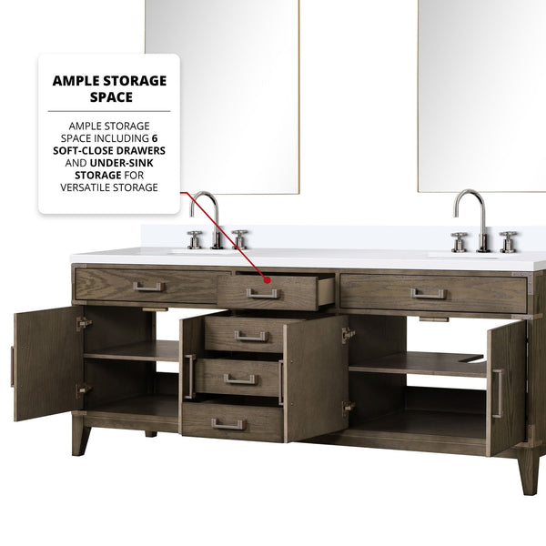 English Elm Grey Oak Double Bath Vanity Set With White Quartz Top, Faucets, And 36" Mirrors For Stylish Bathrooms B2731S01885