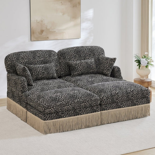 English Elm Comfy Chenille Leopard Print Loveseat with Tassel Trim and Movable Ottoman Modules Khaki W5656S00021