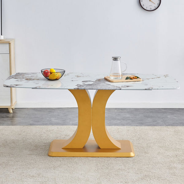 English Elm A modern minimalist dining table with imitation marble glass top, gold MDF legs, easy assembly, durable elegance W1151S01193