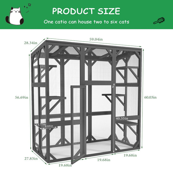 English Elm Catio Wooden Outdoor Cat Enclosure Six Tier Climbing Habitat with Waterproof Polycarbonate Roof W1850P188227