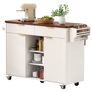 English Elm K&k Fluted Rolling Kitchen Island Faux Marble Top Power Outlet Drop Leaf Storage White N707S000019W