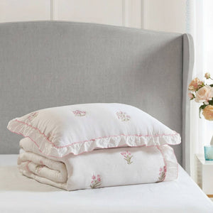 English Elm 2-piece Floral Embroidered Twin Quilt Set Romantic Ruffled Border Soft Down Alternative Fill White+Pink B035P463191