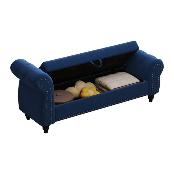 English Elm 64.5" Bed Bench with Storage Velvet Upholstery — Tufted Chaise Lounge, Solid Wood Frame, 400lb Capacity Navy Blue W1097P202879