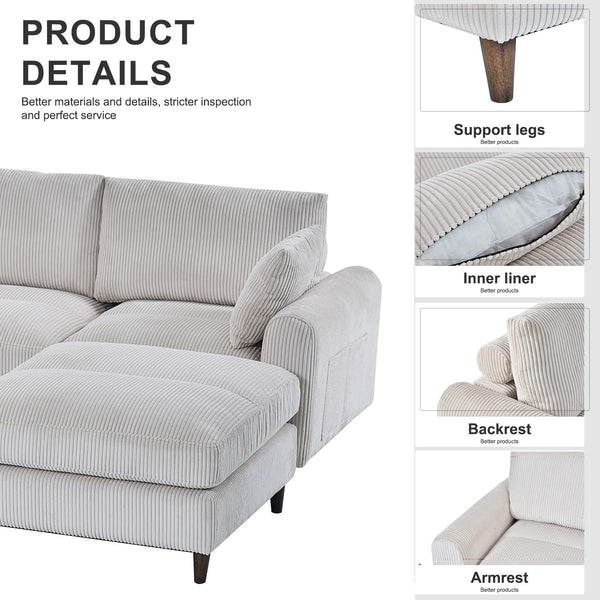 English Elm Modern corduroy modular sectional sofa U‑ or L‑shape convertible oversized seating with storage pockets adjustable headrests Beige W2121S00007