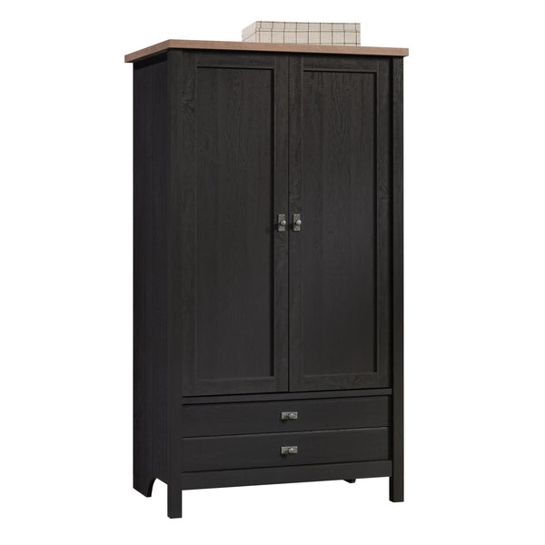 English Elm Armoire, Sleek Black Storage Solution With Adjustable Shelves For Compact Living Spaces & Style B356P402654