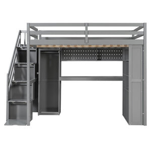 English Elm Full Loft Bed with Integrated Wardrobe Desk Shelving and Led Lighting for Teen Rooms Grey LT000927AAE