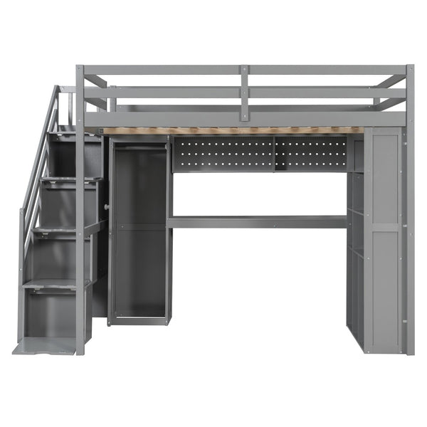 English Elm Full Loft Bed with Integrated Wardrobe Desk Shelving and Led Lighting for Teen Rooms Grey LT000927AAE