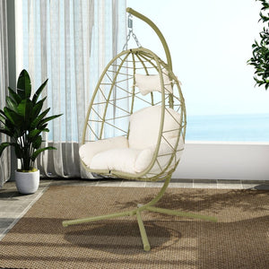 English Elm Hanging Egg Chair Wicker Swing with Stand Washable Cushion Patio Balcony Garden T5880P497573