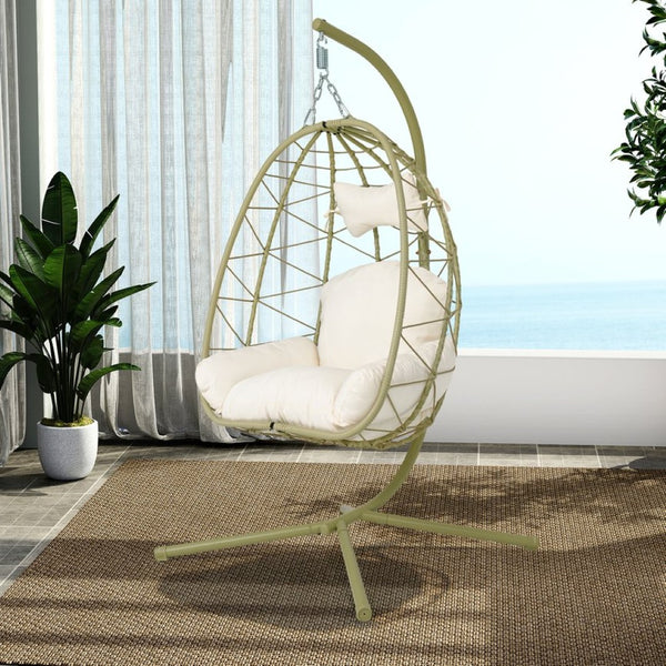 English Elm Hanging Egg Chair Wicker Swing with Stand Washable Cushion Patio Balcony Garden T5880P497573
