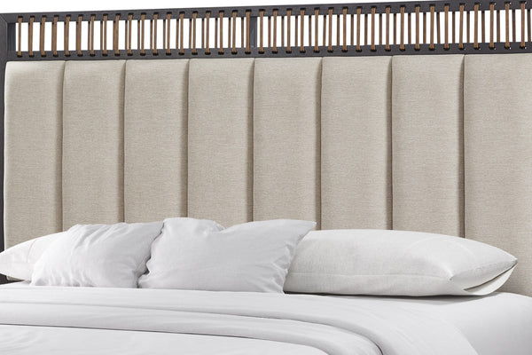 English Elm Queen Upholstered Headboard Bed Walnut Veneer Frame Transitional Bedroom Furniture B2699S00087