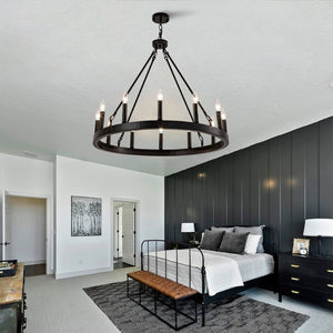 English Elm 12-light Wagon Wheel Chandelier Black Iron Rustic Farmhouse Fixture for Dining Rooms W2991P406726