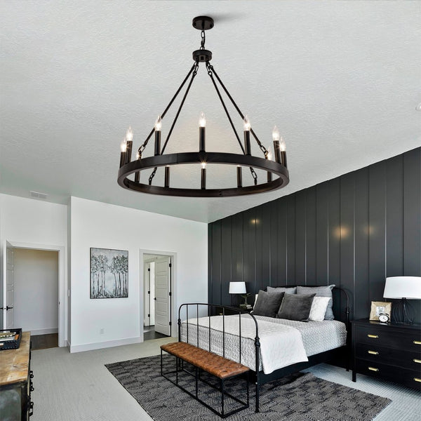 English Elm 12-light Wagon Wheel Chandelier Black Iron Rustic Farmhouse Fixture for Dining Rooms W2991P406726