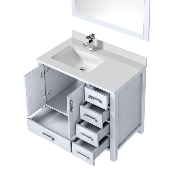 English Elm White Bath Vanity Set With Left Offset Quartz Top, Chrome Faucet, And 34-Inch Matching Mirror B2731S01258-GIGA