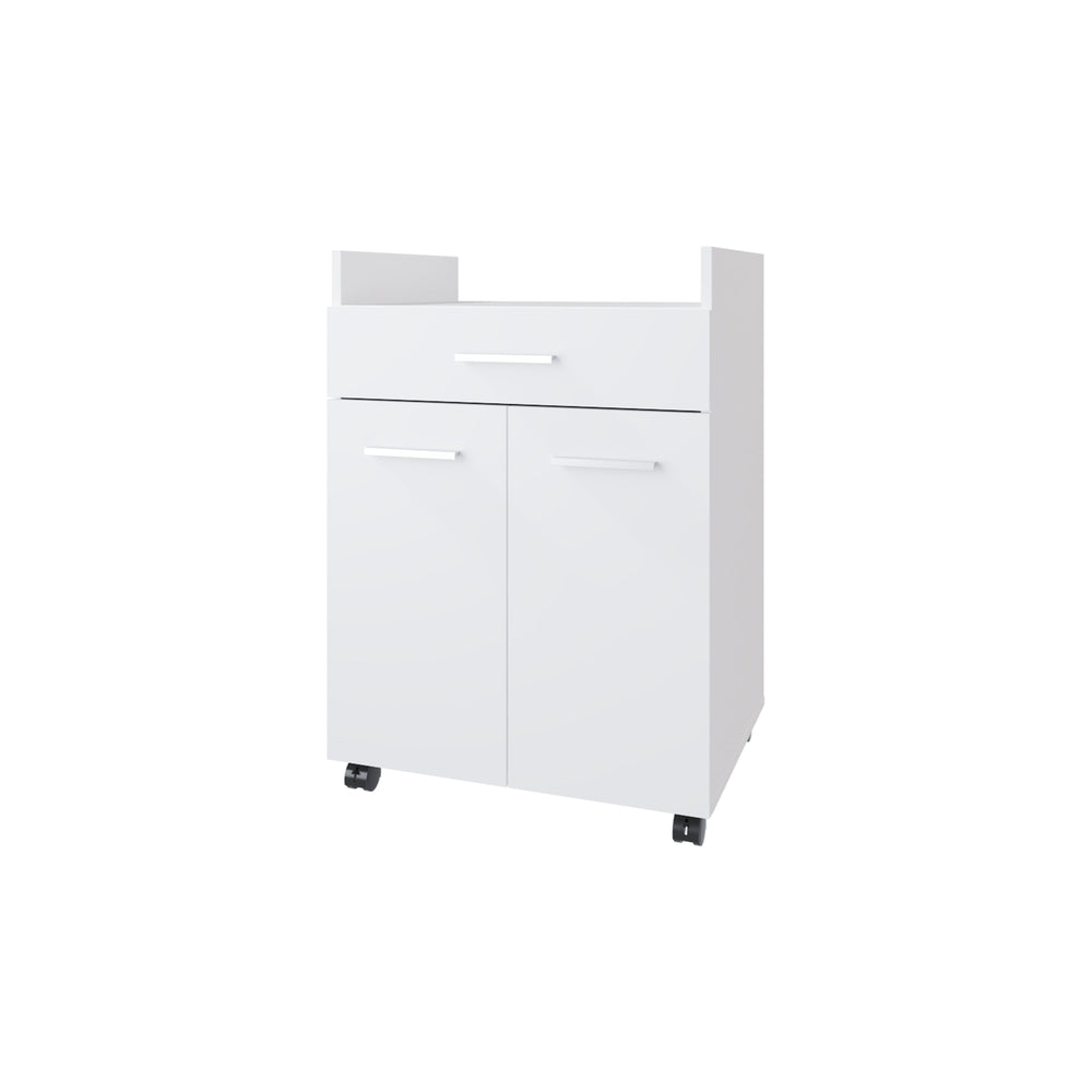 English Elm White Burnside Kitchen Cart with Caster Base, 2 Doors & Drawer for Organized Mobile Counterspace and Timeless Style B062P323176