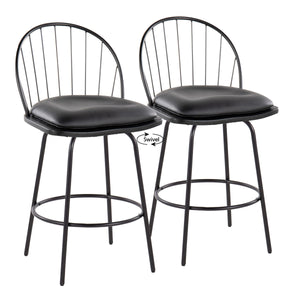 English Elm Riley Farmhouse 26" Fixed-Height Counter Stool with 360° Swivel, Faux Leather Seat & Metal Footrest (Set of 2) Black B202S00371
