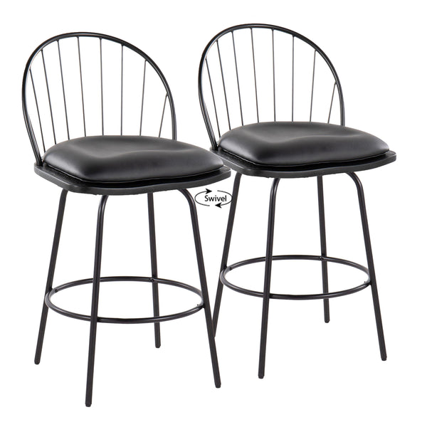 English Elm Riley Farmhouse 26" Fixed-Height Counter Stool with 360° Swivel, Faux Leather Seat & Metal Footrest (Set of 2) Black B202S00371