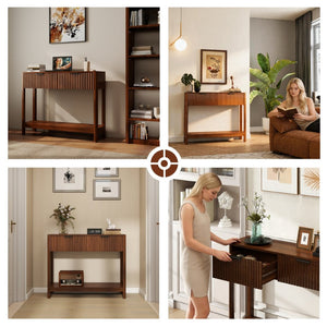 English Elm Mid-century Modern Console Table Fluted Drawers Walnut Finish Slim Entryway Sofa W2557P430472