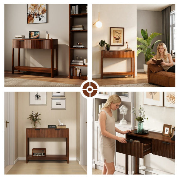 English Elm Mid-century Modern Console Table Fluted Drawers Walnut Finish Slim Entryway Sofa W2557P430472