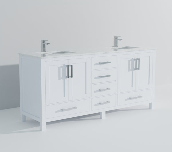 English Elm White 72 in. Double Bath Vanity with Carrara Marble Top, Soft-Close Drawers, Chrome Faucet Set B2731P259096