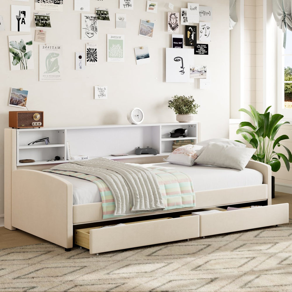English Elm Twin Velvet Upholstered Platform Bed with Plush Headboard, Underbed Drawers & Hidden Cabinet Storage Beige SF000183AAA