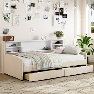 English Elm Twin Velvet Upholstered Platform Bed with Plush Headboard, Underbed Drawers & Hidden Cabinet Storage Beige SF000183AAA
