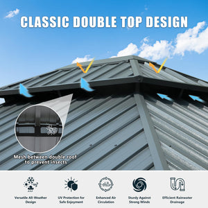 English Elm 12' Hardtop Gazebo with Built-In Drainage, Dual-Layer Galvanized Roof, Curtains & Mosquito Mesh Protection Grey W1859S00159