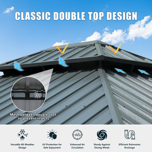 English Elm 12' Hardtop Gazebo with Built-In Drainage, Dual-Layer Galvanized Roof, Curtains & Mosquito Mesh Protection Grey W1859S00159