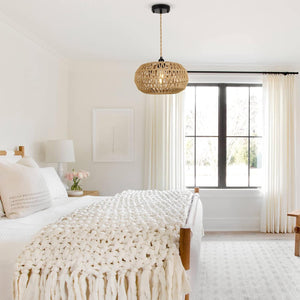 English Elm Farmhouse Led Rattan Pendant Light - Hand-Woven Boho Chandelier For Cozy Dining & Living Spaces W2738P185432