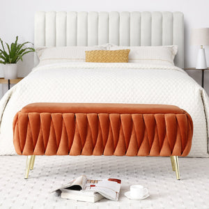 English Elm Oval Teddy Fabric Storage Bench with Gold Legs — 43.4" Large Upholstered Ottoman for Entryway Seating and Hidden Organization Orange W1117P184676