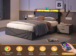 English Elm LED Queen Bed Frame with Storage Headboard, USB Charging, 16 RGB LEDs, 4 Drawers, Stable Design W2129P262891