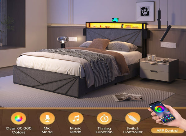 English Elm LED Queen Bed Frame with Storage Headboard, USB Charging, 16 RGB LEDs, 4 Drawers, Stable Design W2129P262891