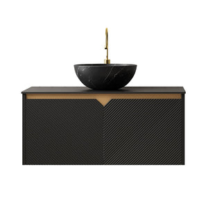 English Elm Dina Floating Bathroom Vanity Sintered Stone Top Glass Basin Striped Plywood Cabinet W2615S00524