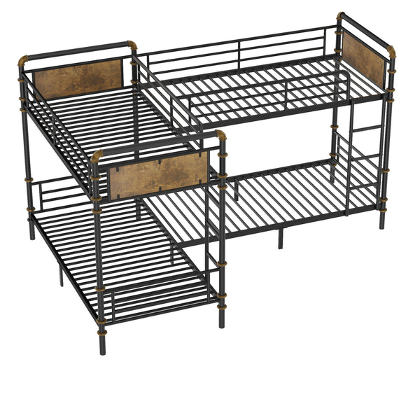 English Elm Quad Quad Bunk Bed for 4 Kids - Heavy Duty Metal Twin Frame, Detachable Triple Layout, Rustic Black Wood Finish, 250lb Capacity Each, Space-Saving Modular Design W2580S00020