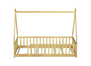 English Elm Twin Tent-Shaped Floor Bed With Guardrails – Cozy Teepee Design For Safe, Imaginative Sleep Space W504P345777-GIGA