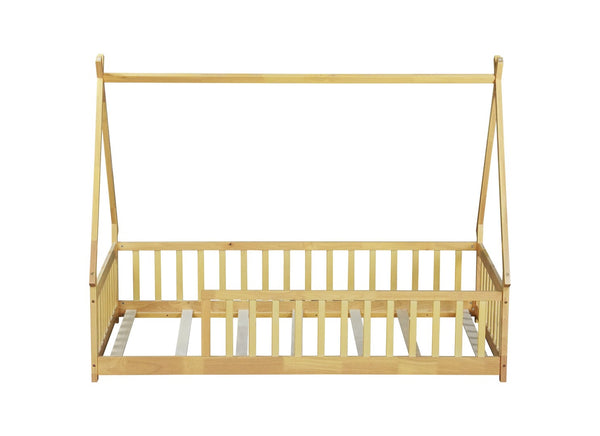 English Elm Twin Tent-Shaped Floor Bed With Guardrails – Cozy Teepee Design For Safe, Imaginative Sleep Space W504P345777-GIGA