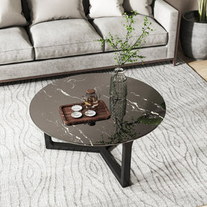 English Elm 28"inch Round Tempered Glass Tabletop Marble Print Polished Edge Indoor Outdoor Black W241P361470