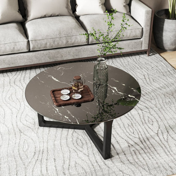 English Elm 28"inch Round Tempered Glass Tabletop Marble Print Polished Edge Indoor Outdoor Black W241P361470