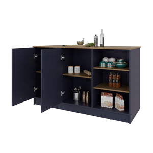 English Elm Kronos Blue Kitchen Island With Natural Oak Finish, Open Storage & Concealed Compartments For Clutter-Free Living B062S01389