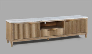 English Elm 1pc Modern Luxury Fluted Wood Facade TV Stand with Faux Marble Top, Brass Accents & Tapered Legs Natural Wood,White 20.25 L x 87 W x 24 H B2741P367181