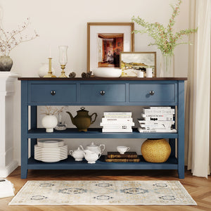 English Elm Trexm Retro Design Console Table With Two Open Shelves, Pine Solid Wood Frame and Legs For Living Room (Antique Navy+Espresso)